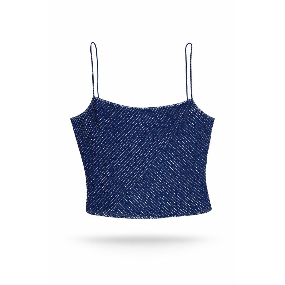 Emma Black Beaded Silk Crop Top Blue Lined Side Zip Spaghetti Strap Top Y2K Club